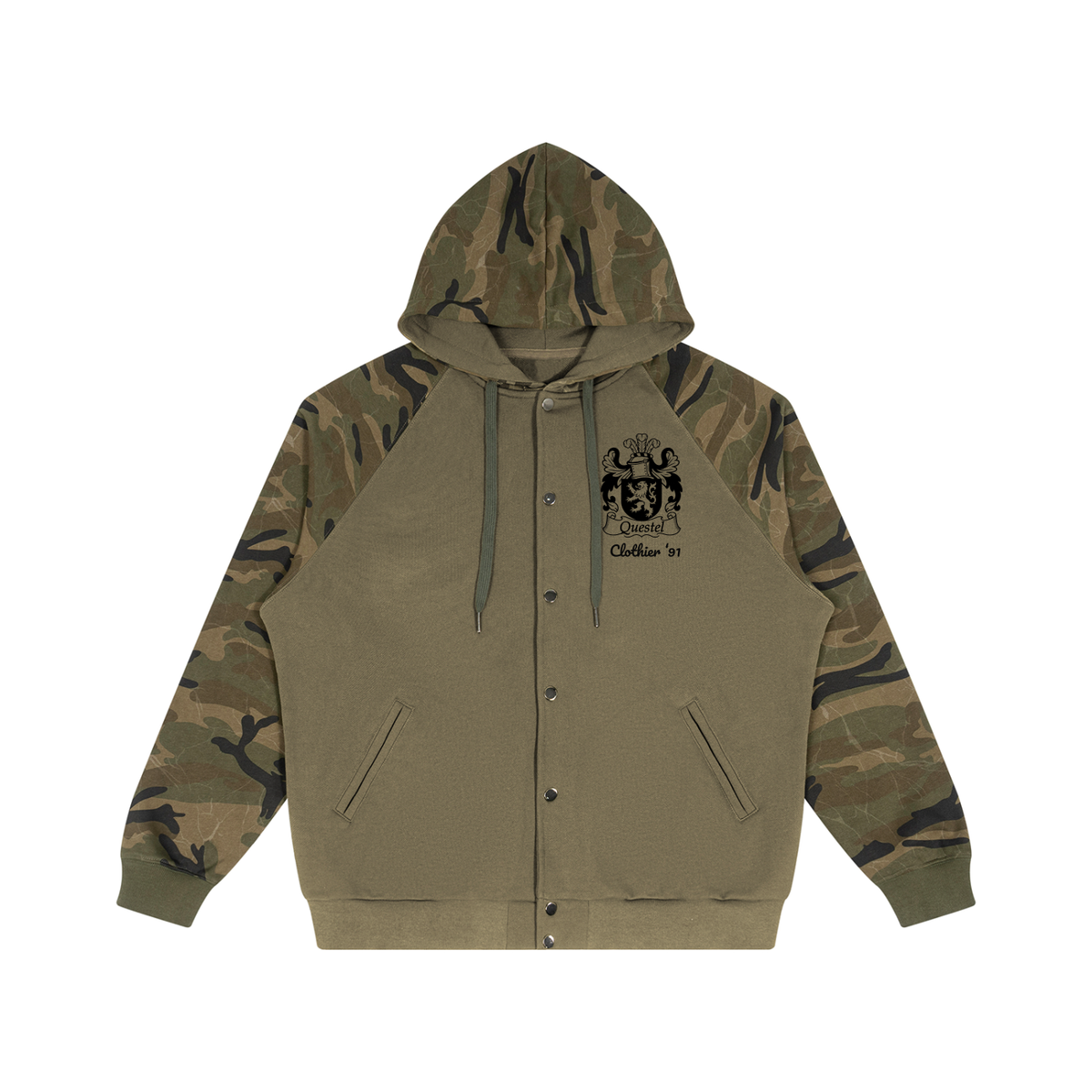 “Clothier ‘91” Camo-Splice Raglan Button Up Hoodie